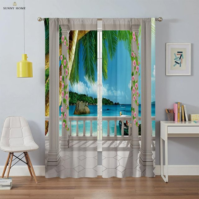 Yiran Furniture Fensterdekoration Vorhänge mit 3D-Fensterlandschaft Musterdruck, halbtransparent, Polyester, Mehrfarbig, B: 50 cm, H: 140 cm, 2 Stück - Bild 1