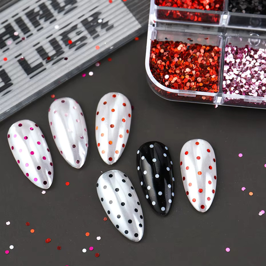 Full Beauty Nagelglitzer Polka Dot 3D Pailletten, 6er-Set, Schwarz Weiß Rot - Bild 3
