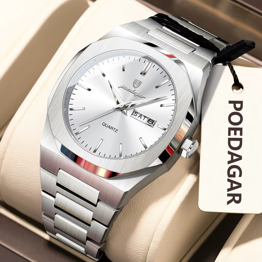 POEDAGAR Armbanduhr Edelstahl, Quarz, Silber, Herren, Datum, Wochentag - Bild 2