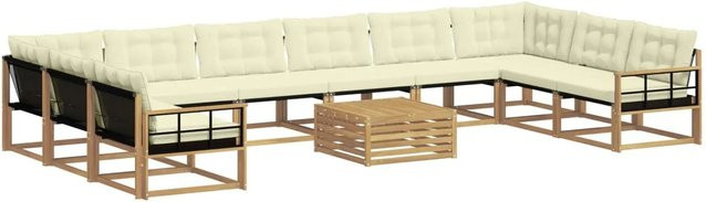 vidaXL 11-teilige Outdoor-Sofagarnitur aus Akazienholz mit Textilene und Kissen in Weiß und Beige - Bild 1