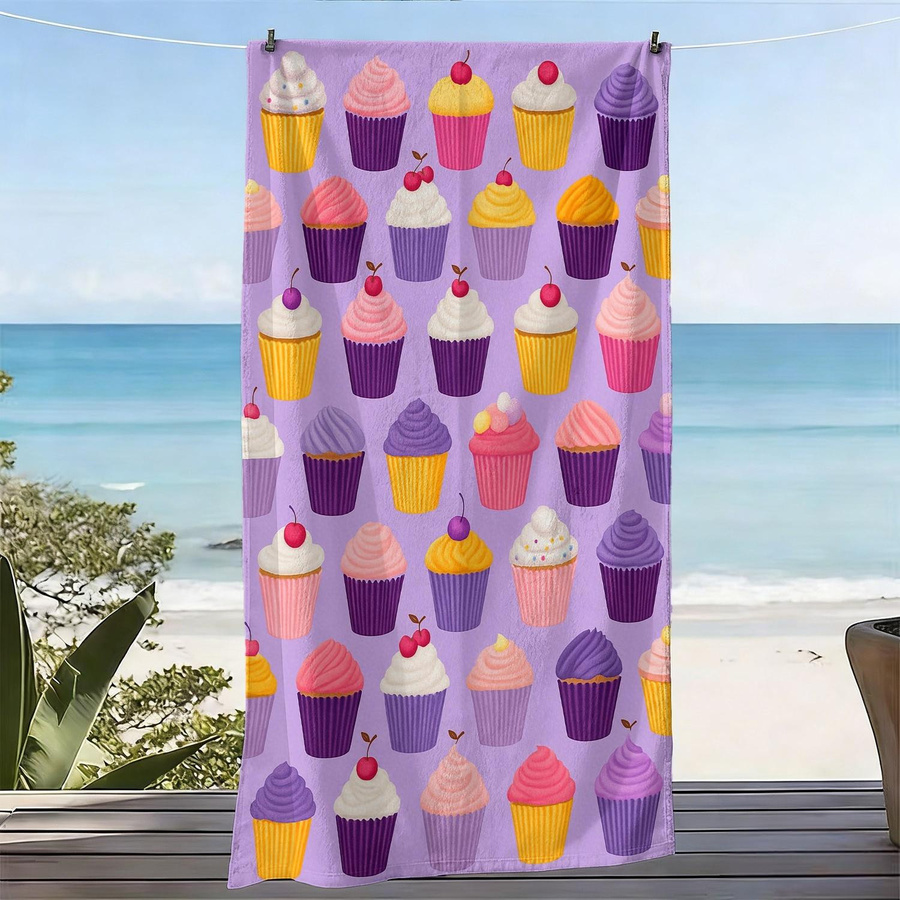 Dalangpa Strandtuch mit Cartoon-Cupcake-Muster in Multicolor, schnelltrocknendes Mikrofaser-Badetuch, Breite: 40 cm, Höhe: 60 cm - Bild 3