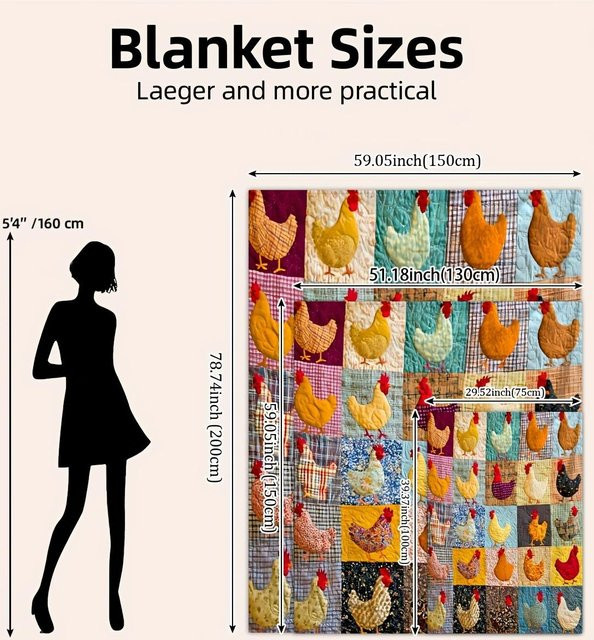 JMG Household Supplies Patchwork Fleece Decke im Bauernhaus-Stil mit Hühner-Motiv, Mehrfarbig, B: 130 cm, T: 150 cm - Bild 1