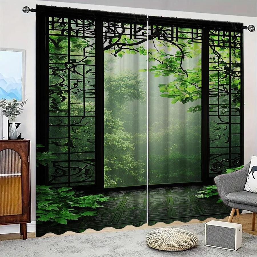 2er-Set Bambuswald Fenstervorhänge mit Landschaftsmotiv, semi-transparent, Polyester, B: 150 cm, H: 170 cm - Bild 2