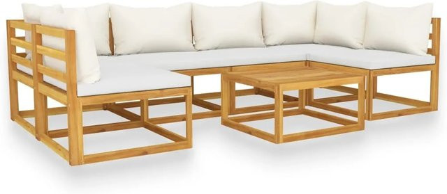 vidaXL 7-teiliges Garten-Lounge-Set aus massivem Akazienholz mit Auflagen in Creme und Beige - Bild 1