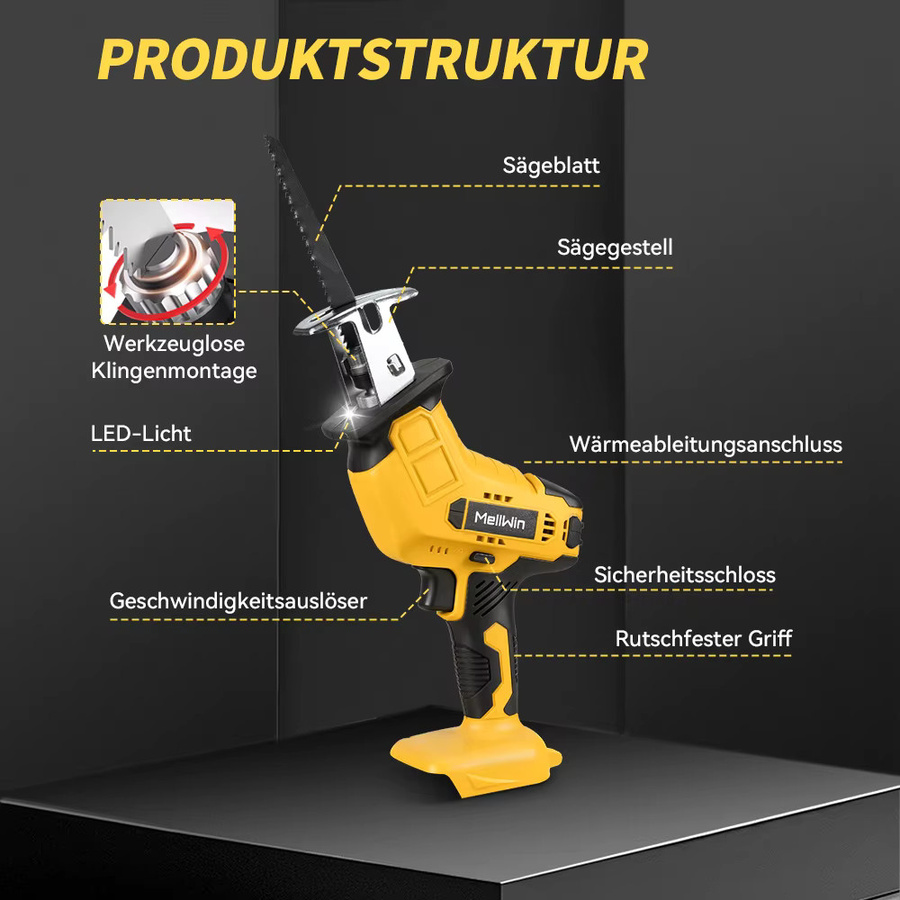 MELLWIN Akku-Säbelsäge in Gelb mit 3500 SPM als Multi-Elektrosäge für Metall, Holz und Rohre, kompatibel mit Makita 18 V LXT Akku-System - Bild 5