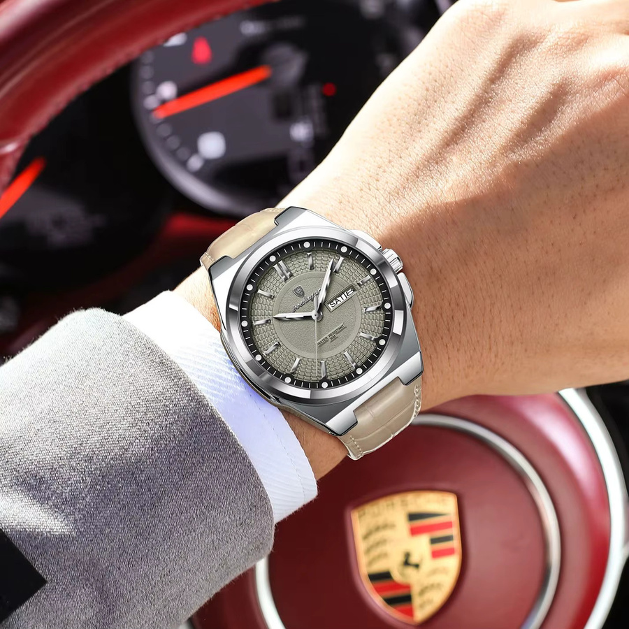 POEDAGAR Armbanduhr Quarz, Leder, Silber, Herren, Datum, Wochentag - Bild 5