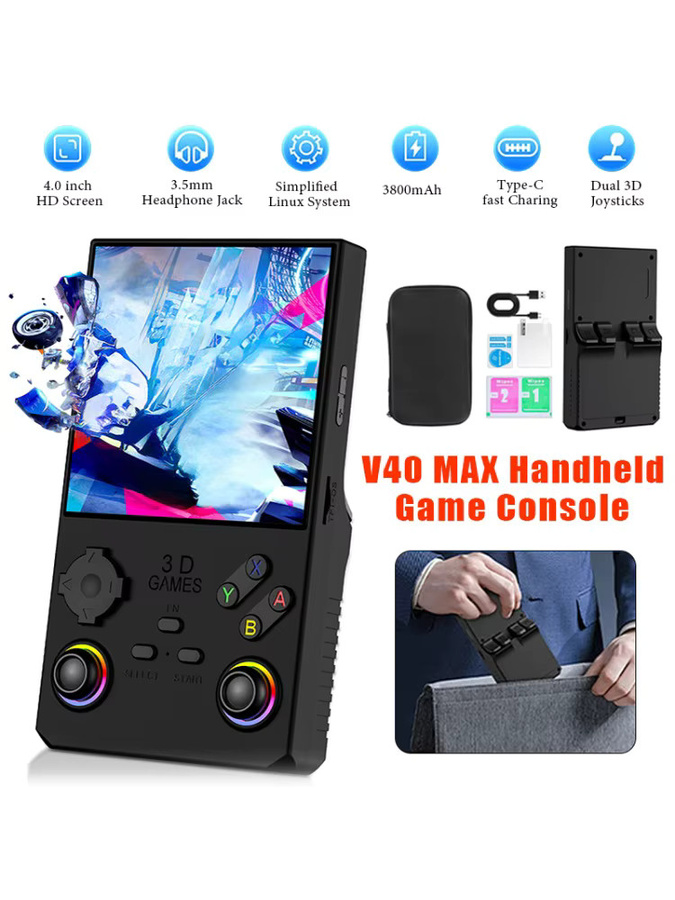 luxuglow V40 MAX Handheld-Spielekonsole in Blau mit 4-Zoll-IPS-Bildschirm, 4000 mAh Akku, Joystick, RGB-Lichteffekt und 256 GB Speicher für über 40000 Spiele - Bild 5