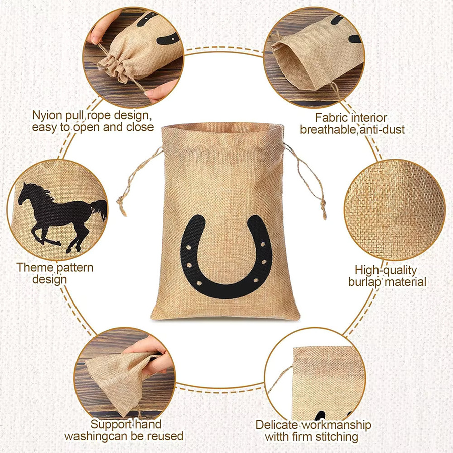 5 Stück Western-Pferd Geschenktüten aus Jute mit Kordelzug in Beige mit Pferdekopf und Hufeisenmuster für Cowboy-Partys und Gastgeschenke - Bild 2