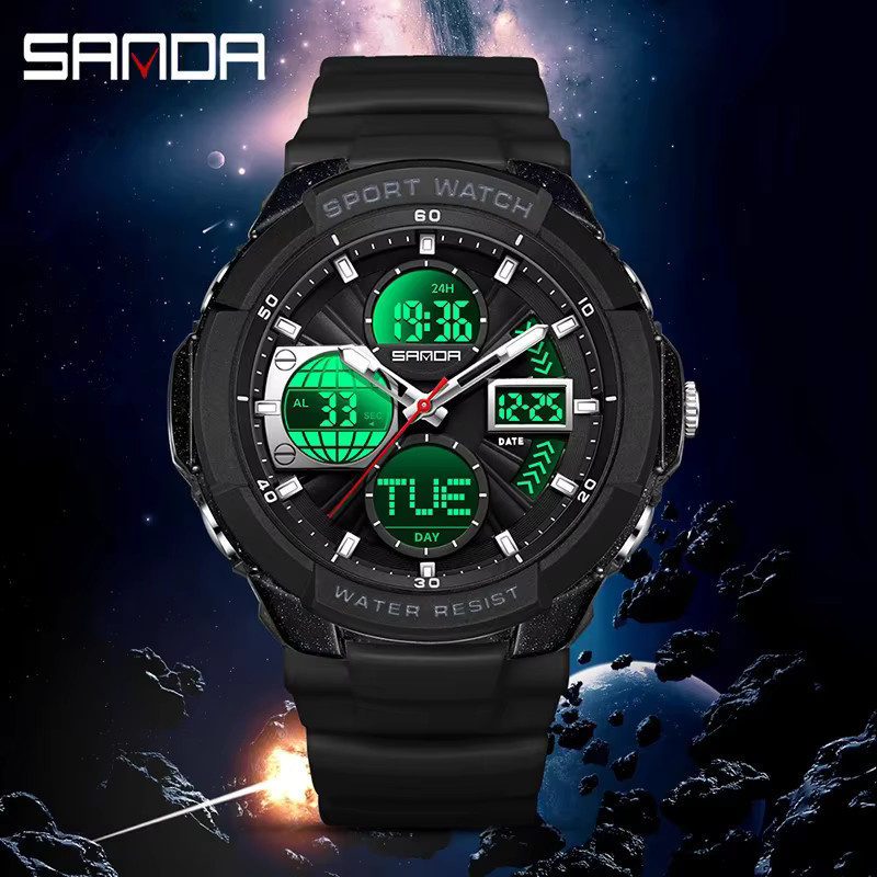 SANDA Armbanduhr, Analog-Digital, Quarz, Schwarz, Silikon, Herren - Bild 1