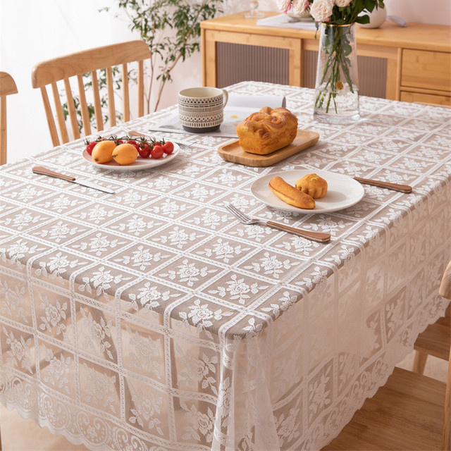 Rechteckige Cut-Out Tischdecke mit floraler Stickerei in Weiß aus Jacquard-Leinen für Hochzeiten und Picknicks - Bild 1