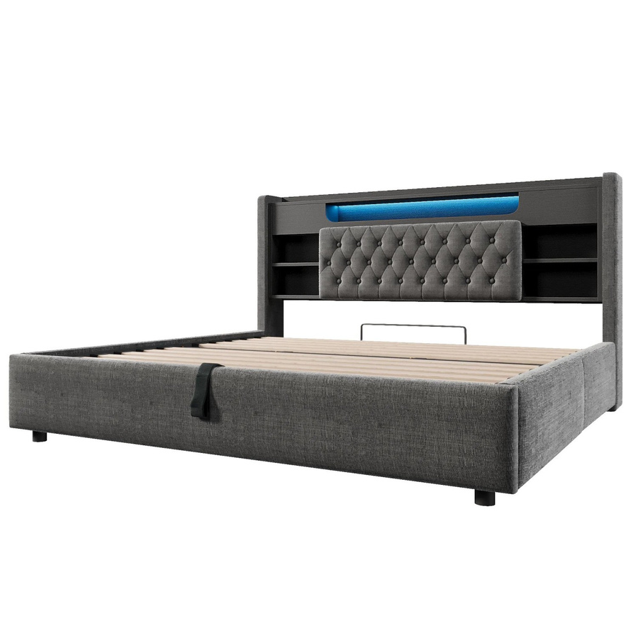 Merax Polsterbett mit Stauraum und LED-Beleuchtung in Grau, B/T/H: 223 x 180 x 115 cm - Bild 2