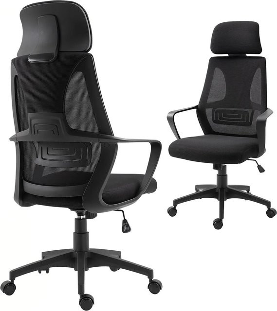 Vinsetto Bürostuhl mit Wippfunktion und Kopfstütze, Drehstuhl in Schwarz mit Armlehnen und Rollen, B/T/H: 64 x 55 x 126 cm - Bild 1