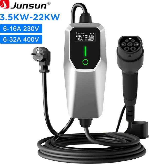 Junsun EV-Ladegerät Typ 2 Elektrofahrzeug-Ladekabel für EU-Stecker, tragbare EVSE Wallbox-Ladestation mit Schuko oder CEE Blau/Rot - Bild 1