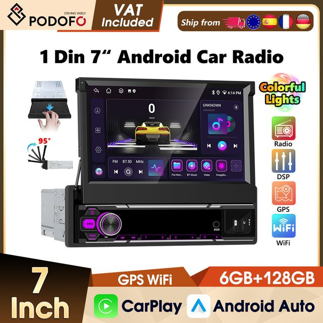 Podofo 1DIN Intelligentes Carplay Android Auto Autosystem mit 128G Speicher, GPS, WIFI und manuellem Teleskop-Display in Schwarz - Bild 1
