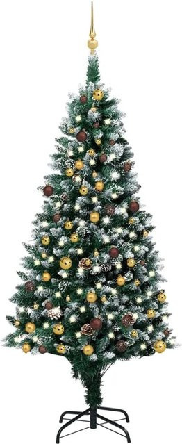 vidaXL Künstlicher Weihnachtsbaum mit LEDs, Kugeln und Zapfen in Grün, Weiß und Gold, Höhe: 210 cm - Bild 1