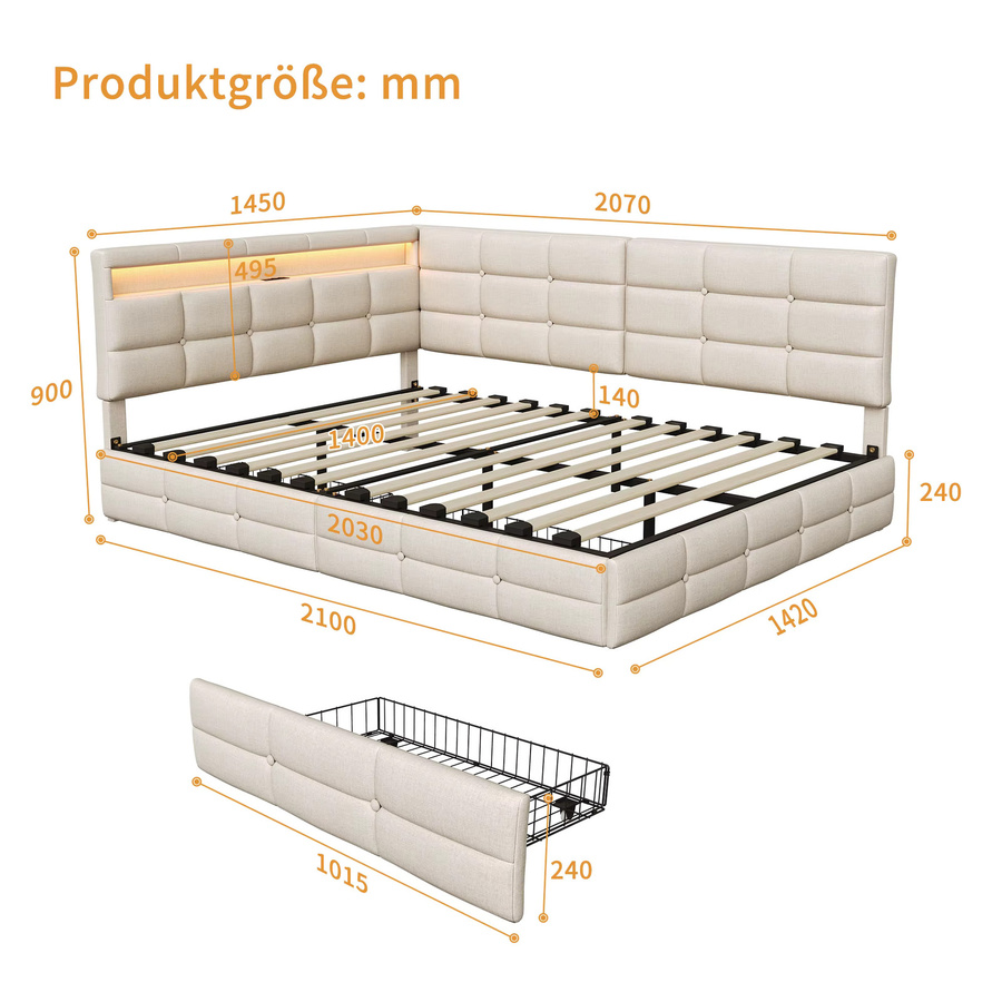 Rosahqnda L-förmiges gepolstertes Bettgestell aus Leinenstoff mit USB-Ladeanschluss, LED-Beleuchtung und Schubladen in Beige/Grau, B/T/H: 140 x 190 cm - Bild 2