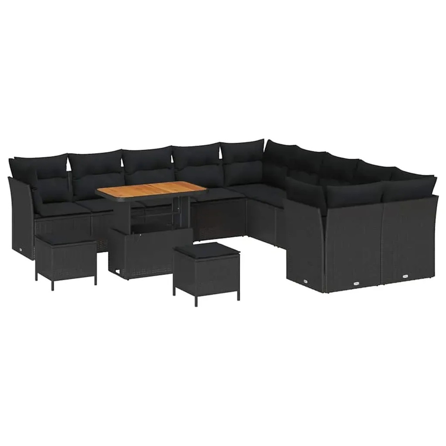 vidaXL Garten-Sofa-Set 13-teilig in Schwarz aus Poly-Rattan und Akazienholz mit Polsterung und Tisch in U-Form - Bild 2