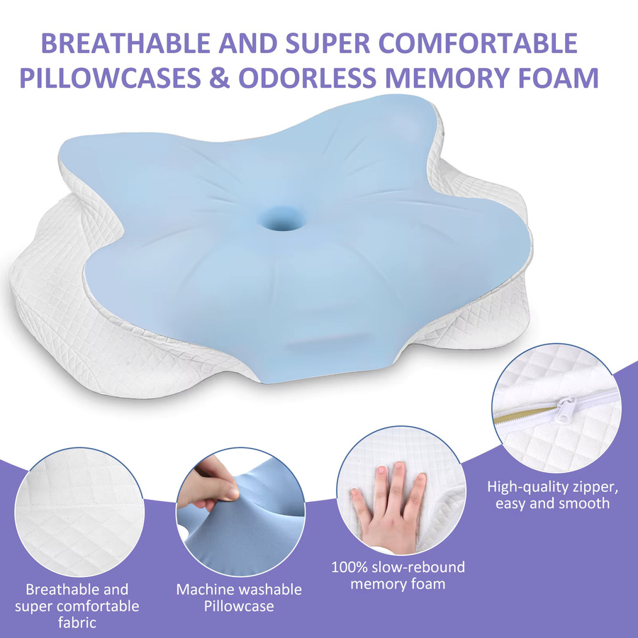 HGTUGO Ergonomisches Nackenkissen aus Memory-Schaum mit Eisseiden-Bezug in Blau zur Unterstützung von Nacken und Schultern für Rücken- und Seitenschläfer - Bild 2