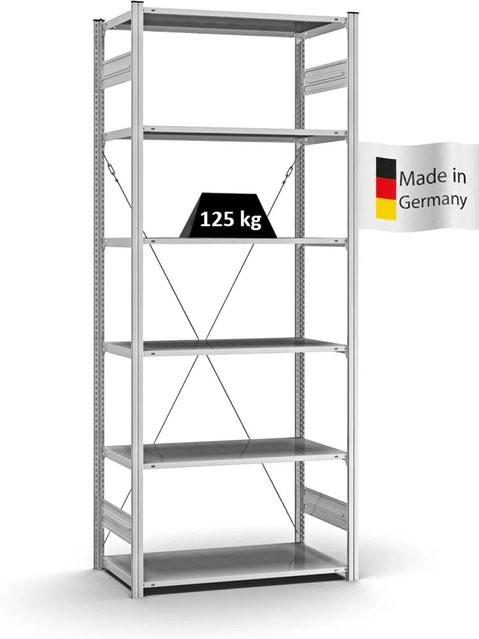 PROREGAL Profi Lagerregal Stecksystem T-Profil Grundregal, Farbe: Silber, H x B x T: 250 x 100 x 50 cm, Fachlast 125 kg, verzinkt - Bild 1