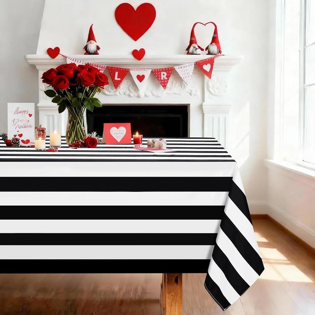 Rechteckige Tischdecke von JINGYUE Pet in Schwarz-Weiß gestreift, wasserabweisend und waschbar, B/T: 140 x 140 cm - Bild 1