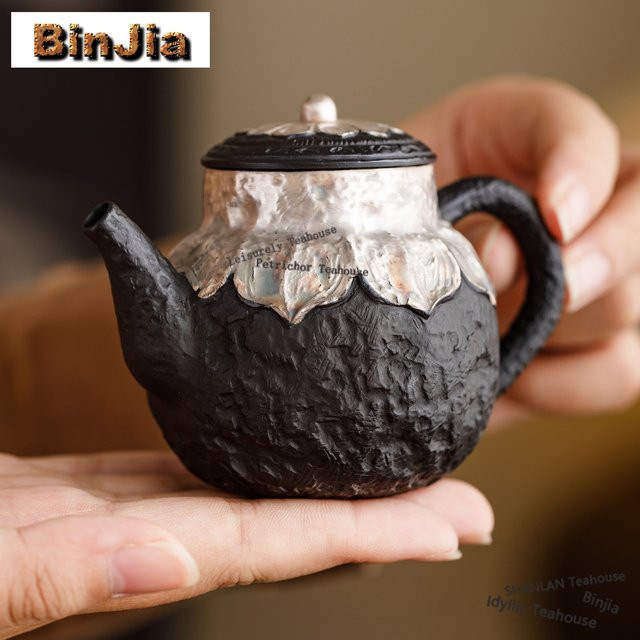 BinJia Keramik-Teekanne im chinesischen Stil aus Ton, Schwarz-Lila mit Silberakzenten, 200 ml - Bild 1