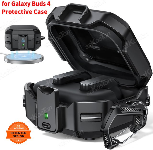 Samsung Sicherheitsschloss-Hülle für Galaxy Buds 4 / 4 Pro robuste Hartschalen-Schutzhülle mit Schlüsselanhänger in Schwarz und Rot - Bild 1