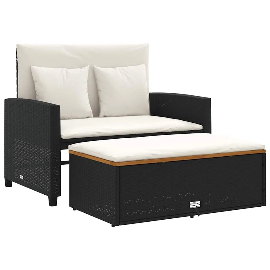 vidaXL Gartensofa 2-Sitzer mit Kissen und Fußhocker aus Polyrattan und Akazienholz in Schwarz-Creme - Bild 2