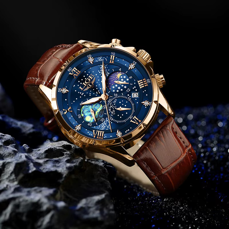 Lige Armbanduhr, Chronograph, Quarz, Leder, Herren, Blau, Gold, Silber - Bild 2