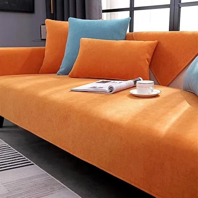 Rutschfester Chenille Sofa Überwurf in L-Form für Chaiselongue und Couch, Farbe Orange, Breite: 30 cm, Tiefe: 50 cm - Bild 1