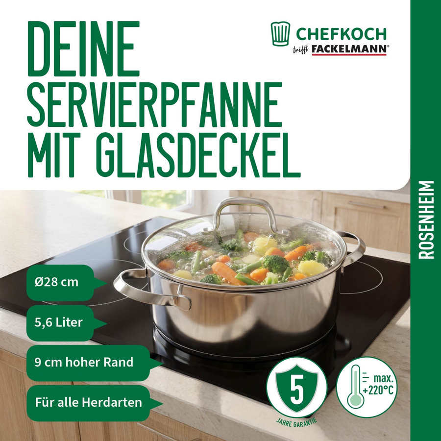 Fackelmann Chefkoch Servierpfanne Rosenheim mit Glasdeckel, Silber, Durchmesser: 28 cm - Bild 3