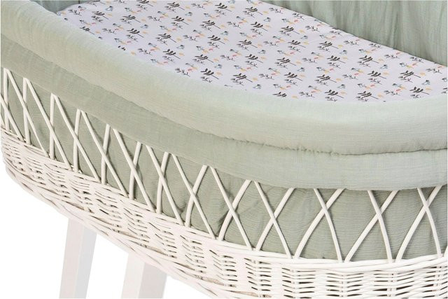 Mionido Stubenwagen Lounge ohne Himmel aus Buchenholz in Weiß-Grün mit Rattan-Optik und floralem Design - Bild 1