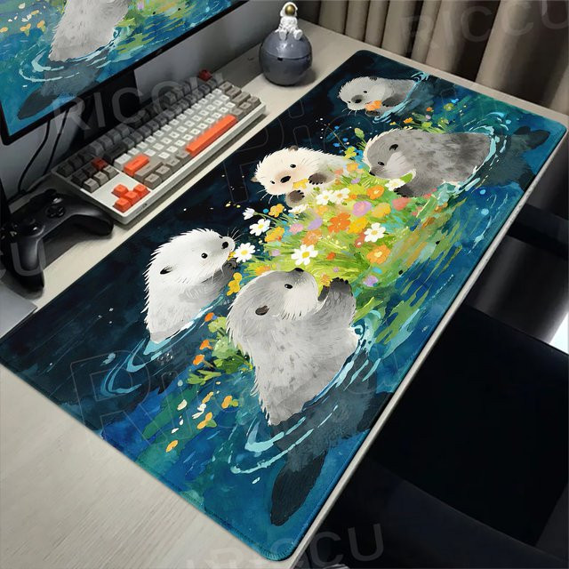 Riccu Kawaii Otter XXL Mauspad mit niedlichem Tierdesign in Multicolour, rutschfeste Schreibtischmatte für Gaming und Büro - Bild 1