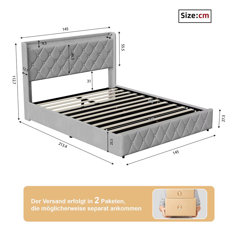Rosahqnda Doppelbett für Erwachsene aus Samtstoff mit LED-Kopfteil und hydraulischem Stauraum, dunkelgrau, B/T/H: 140 x 200 cm - Bild 4