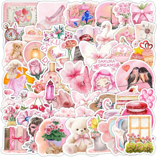 50 Stück Cartoon Aquarell Rosa Graffiti Aufkleber wasserfest von BulingBulingStickers Store - Bild 1