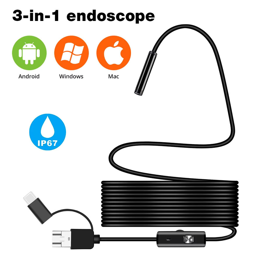 KERUI 3-in-1 Inspektionsendoskop Kamera mit USB-C, Micro-USB und USB-A Schnittstellen für Android-Smartphones und PC, Schwarz, 7 mm Durchmesser - Bild 2