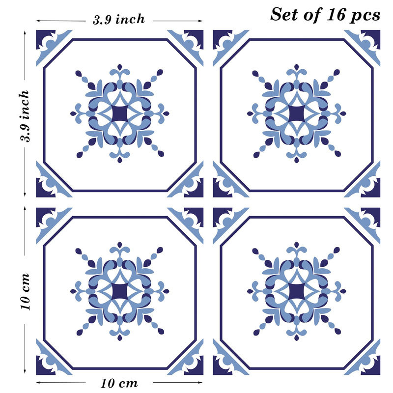 Poromoro Azulejo Fliesenaufkleber Set aus 16 Stück in Blau im Vintage-Design für Küche und Bad - Bild 4