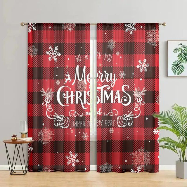 2er-Set Weihnachts-Vorhänge mit Büffelkaromuster und Schneeflocken in Rot, halbtransparent, Breite: 150 cm, Höhe: 166 cm - Bild 1