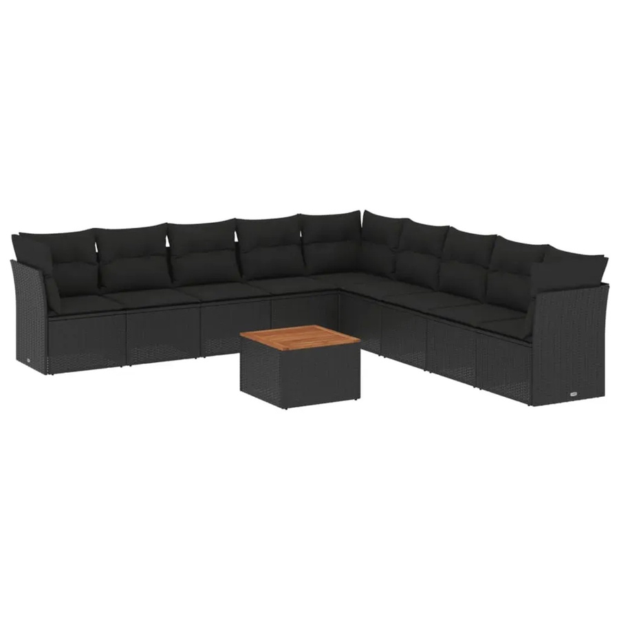 vidaXL 10-teilige Garten-Sofagarnitur in L-Form aus Polyrattan und Akazienholz mit Kissen in Schwarz - Bild 2