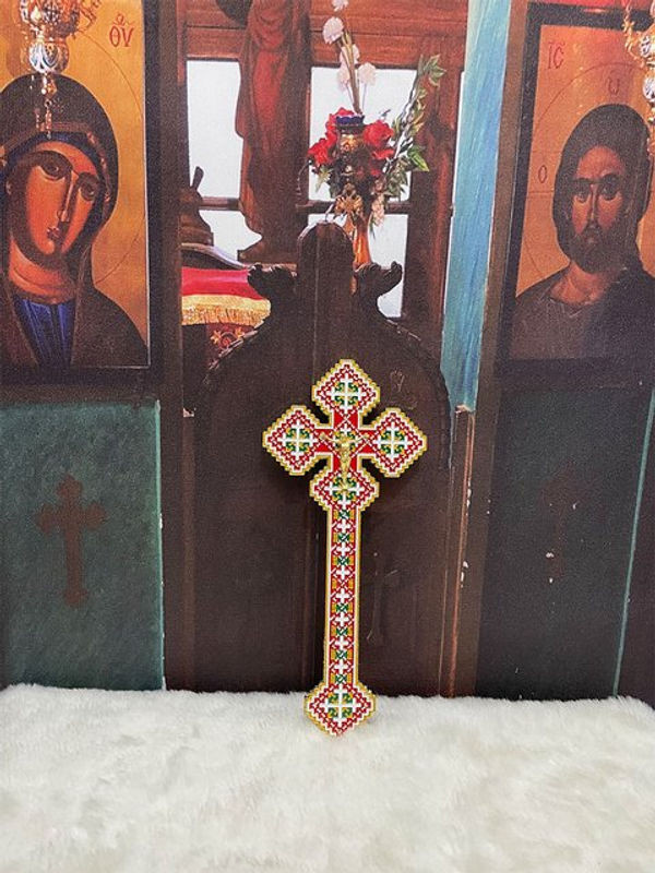 Doppelseitiges orthodoxes Segenskreuz mit Jesus als christliche Dekoration aus Zinklegierung in Gold und Mehrfarbig - Bild 1