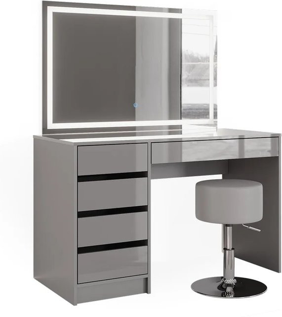 Vicco Schminktisch in Sherry Grau mit LED-Spiegel und Hocker, moderner Frisiertisch in Hochglanz mit Schubladen, Breite: 120 cm, Tiefe: 75 cm - Bild 2