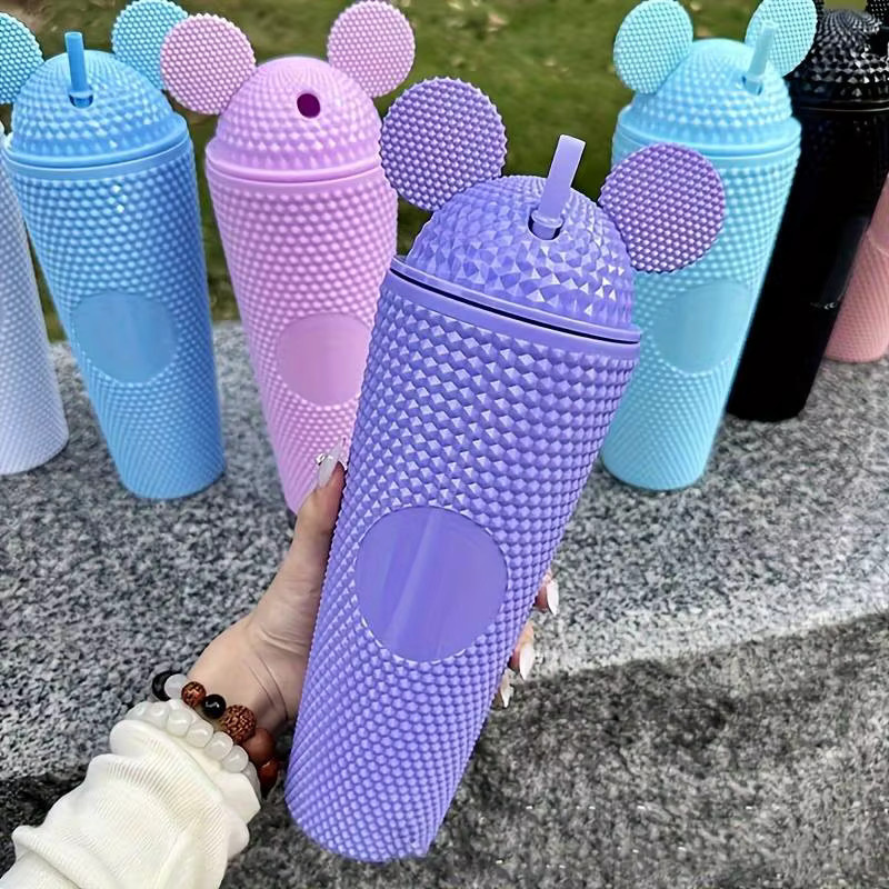 Lusqi Trinkflaschen Set mit Maus-Ohren und Strohhalmen, 2er Set, Pink - Bild 2