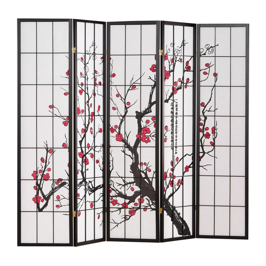 Homestyle4u 5-tlg. Shoji Paravent mit Kirschblütenmotiv in Schwarz aus Holz und Reispapier, H: 220 cm, B: 179 cm - Bild 2