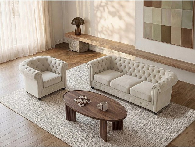 Vente-unique Chesterfield Couchgarnitur aus Samt in Beige bestehend aus 3-Sitzer-Sofa, 2-Sitzer-Sofa und Sessel - Bild 1