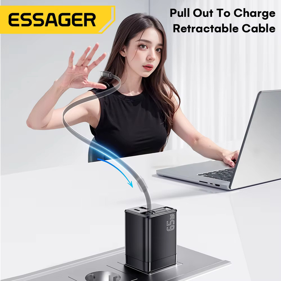 Essager 65 W GaN-Ladegerät mit einziehbarem USB-C-Kabel, PD-Schnellladung für Laptop, MacBook und iPhone, Schwarz - Bild 2
