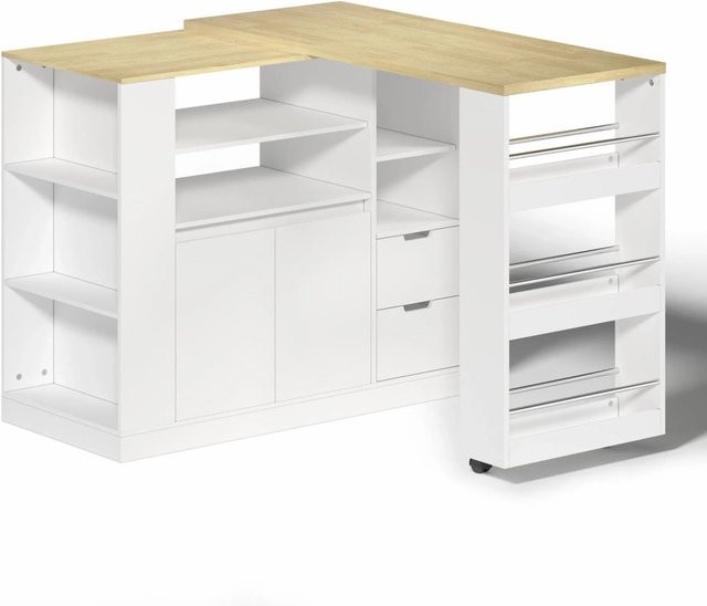 okwish Kücheninsel in Weiß mit ausziehbarer Arbeitsplatte, Schubladen und Regalen, B/T/H: 115 x 50 x 92 cm - Bild 1