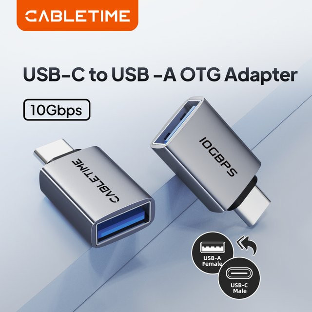 CABLETIME USB-C auf USB-A OTG-Adapter Gen 2 mit 10 Gbit/s Hochgeschwindigkeits-Datenübertragung in Silber - Bild 1