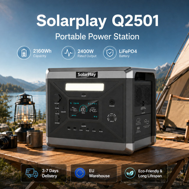 SolarPlay Q2501 Tragbare Powerstation 2400W mit 2160Wh Kapazität und LiFePO4-Batterie in Schwarz/Grau als Solarenergiespeicher für Camping, Reisen und Notstromversorgung - Bild 1