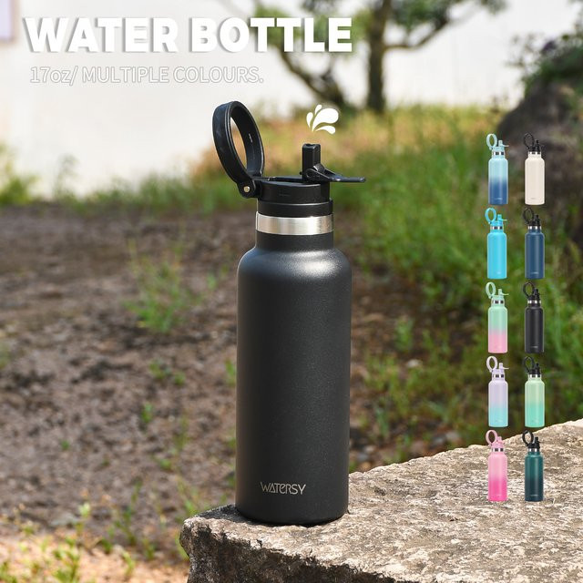 WATERSY Doppelwandige vakuumisolierte Edelstahl-Wasserflasche mit Strohhalm und Griff, 500ml, Blau/Grün - Bild 1