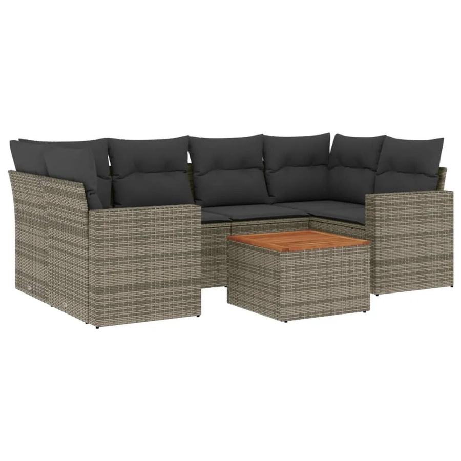 vidaXL 7-tlg. Garten-Sofagarnitur in L-Form aus Poly-Rattan und Akazienholz in Grau mit Kissen - Bild 2