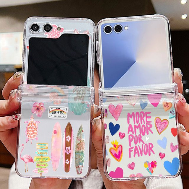 Transparente Handyhülle mit buntem Herz-Blumen-Design für Samsung Galaxy Z Flip 6 und Z Flip 7 5G aus hartem PC-Material - Bild 1